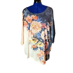 Blue Floral Shirt With Bling 3/4 Sleeves 4x Or 5x